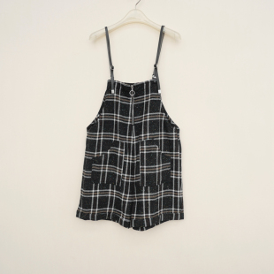 清仓女秋冬羊毛宽松外搭背带短裤 拉系列 L专柜正品 4A5036格子