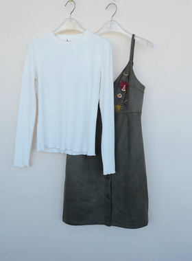 拉系SML专柜撤柜正品 女春秋仿麂皮绒绣花两件套背带裙4A6362军绿