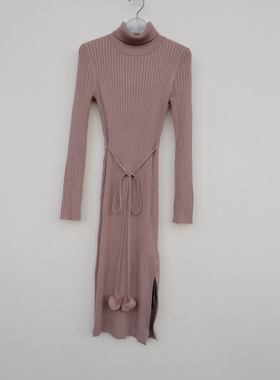 拉SML撤柜正品 女冬高领罗纹修身盖膝长袖细毛线针织裙4A2584灰粉