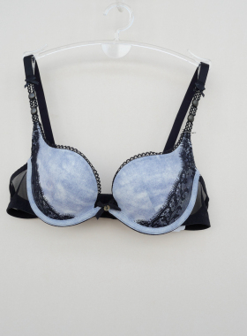 安系列70B正品断码3/4钢圈上薄下厚花边聚拢文胸EF0901牛仔蓝