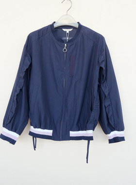 拉系列S专柜断码 女春秋薄款花边田园九分袖拉链短外套5A7748藏青