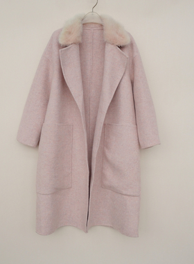 拉系S专柜正品 女冬含羊驼毛厚宽松过膝保暖双面呢大衣6A0001浅粉