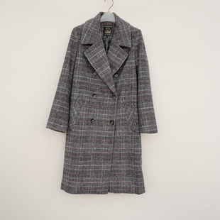 拉系S专柜断码 女冬厚柔羊毛立挺盖膝保暖毛呢外套大衣6A4511格子