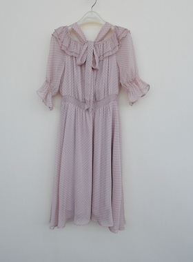 拉系列/M正品超值 女夏雪纺印花一字领及膝短袖连衣裙4A0945灰粉