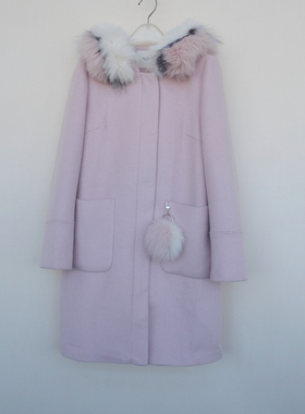拉系列S撤柜正品 女冬厚柔保暖狐狸毛领毛呢外套大衣4A7287灰粉