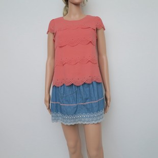女夏桔红色花边镂空雪纺短袖 艾格淘特 断码 衬衫 S专柜正品 4E4101