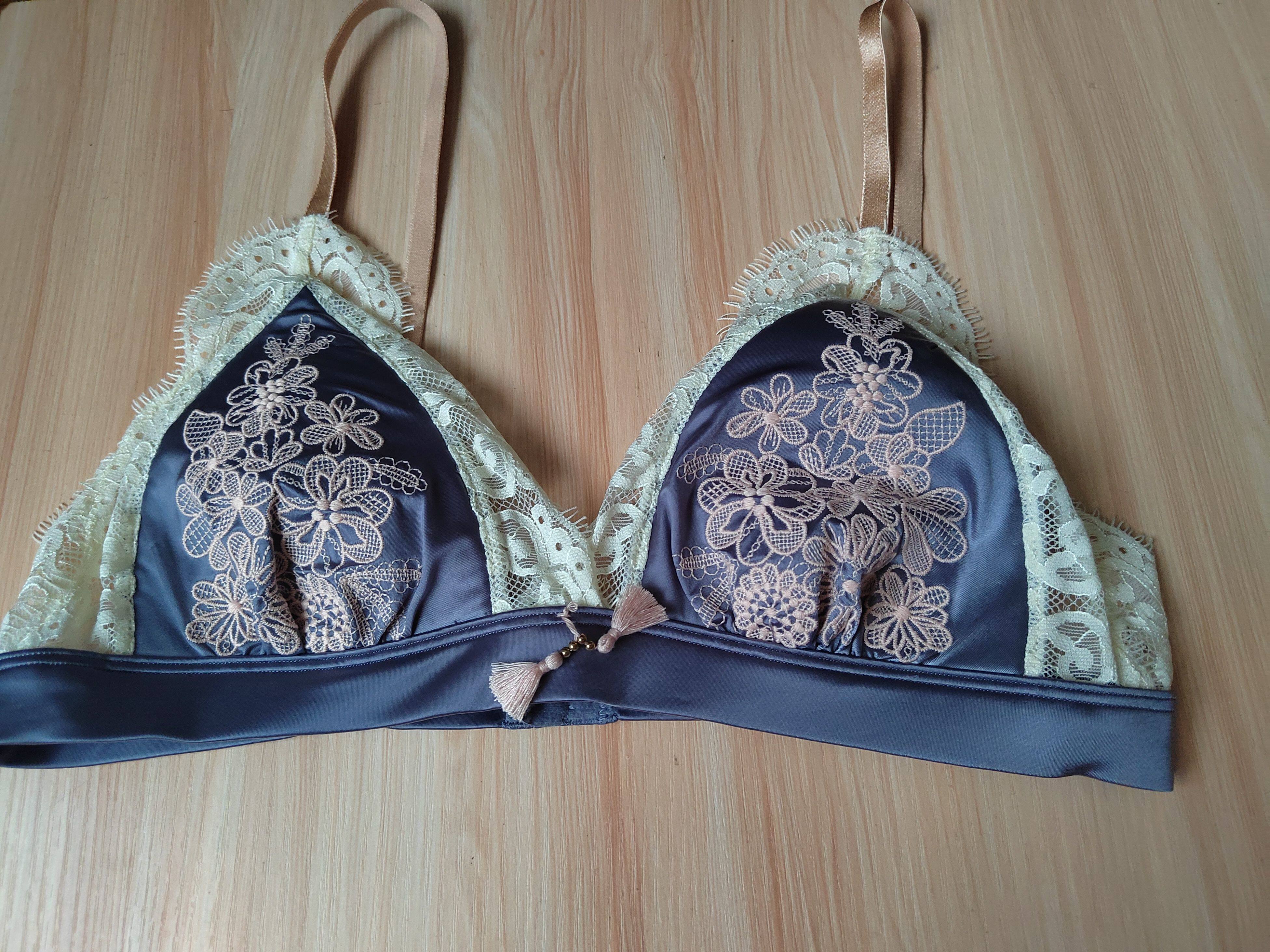 灰蓝刺绣蕾丝边软薄垫女士文胸