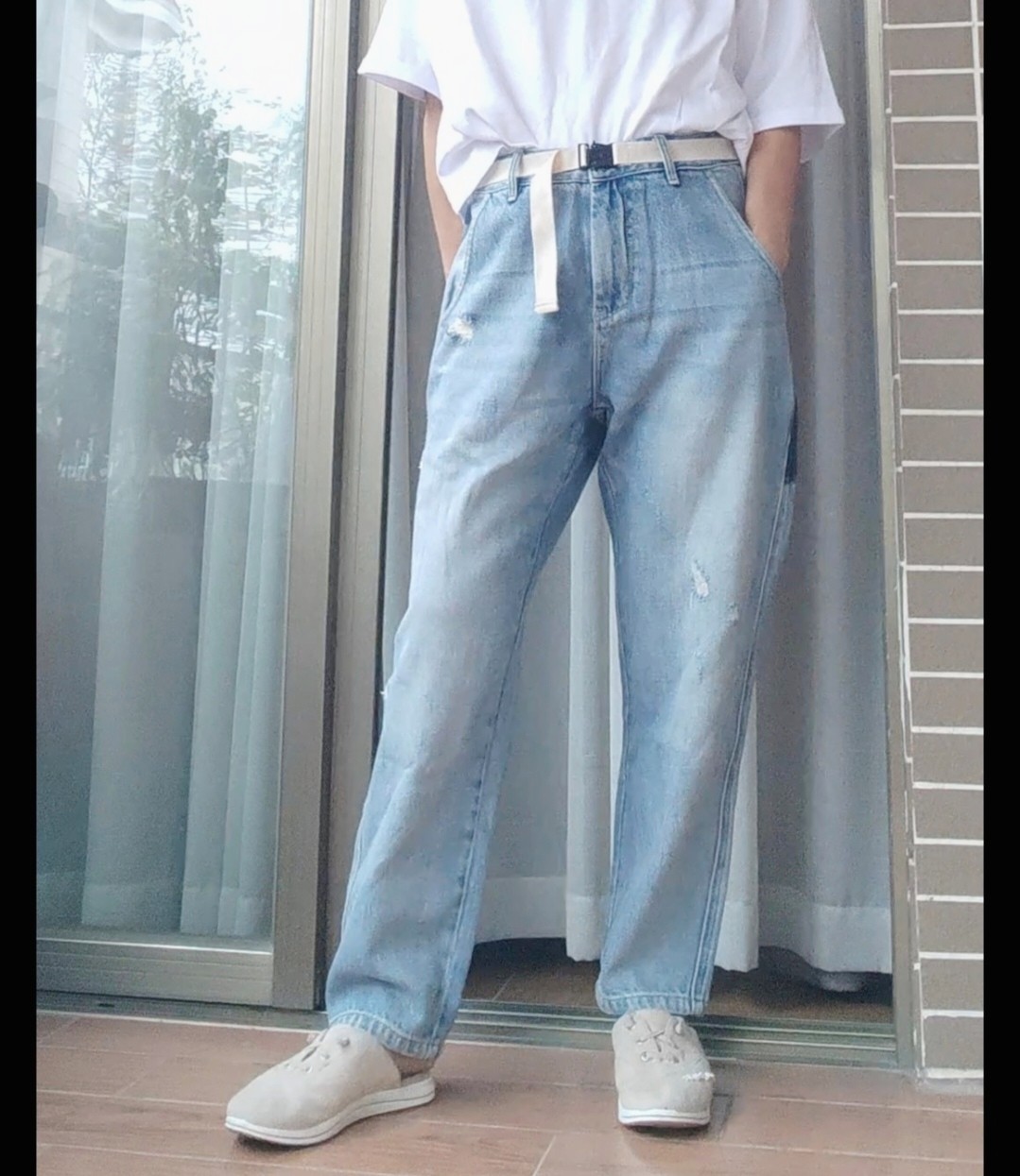 右道中性款样板bf款宽松款小脚牛仔裤印痕布贴破洞设计