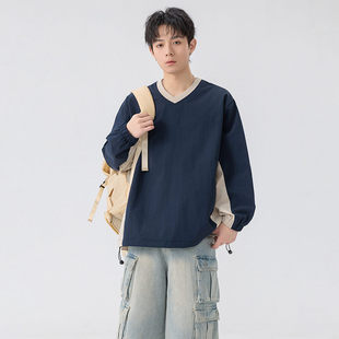 少年撞色卫衣男款拼接2026春季新款上衣V领青少年潮流长袖衣服男