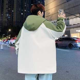 青少年初中生外套男春秋季宽松休闲上衣高中生拼色青少年连帽夹克