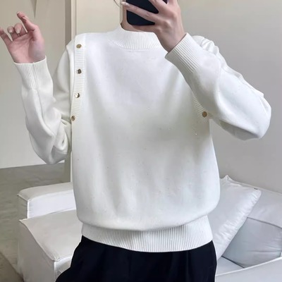 白色打底衫女秋冬内搭2025年新款半高领针织上衣设计感肩扣毛衣