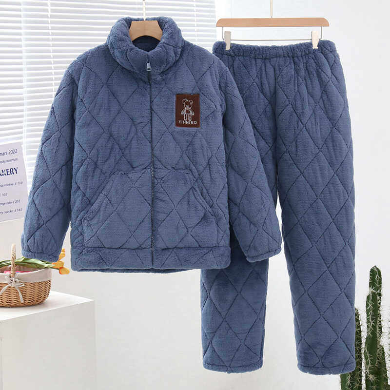 男士睡衣冬季加厚加绒珊瑚绒三层夹棉袄超厚保暖青少年家居服套装