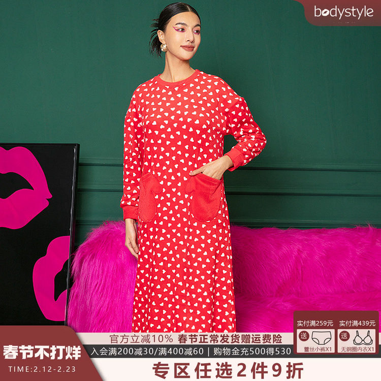 布迪设计商场同款 牛奶绒爱心印花居家舒适睡裙高级感红色睡衣