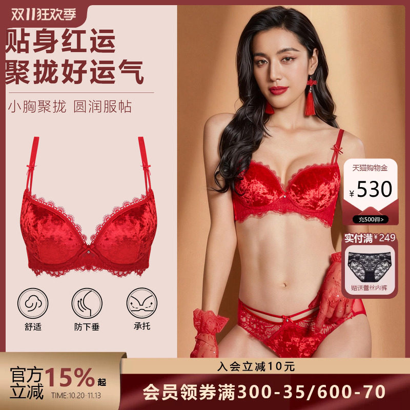 布迪设计 商场同款高级丝绒新年本命年红色内衣女聚拢防下垂文胸