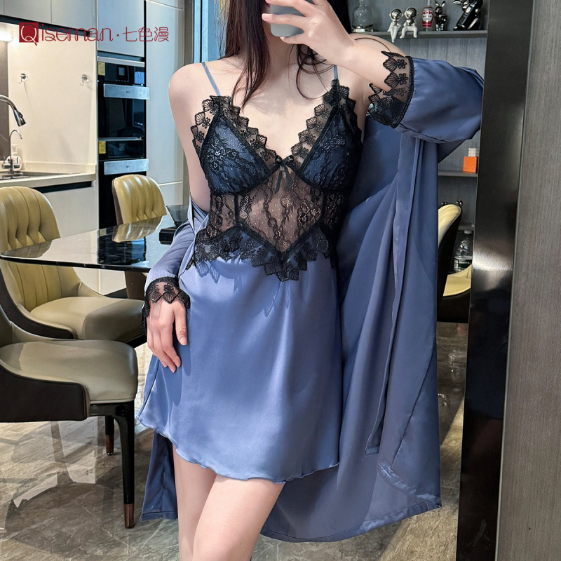 蕾丝诱惑显瘦冰丝睡裙套装性感吊