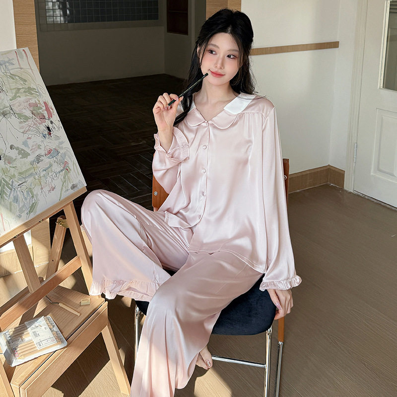 春季新款高级感法式甜美冰丝睡衣女娃娃领长袖仿真丝绸家居服套装