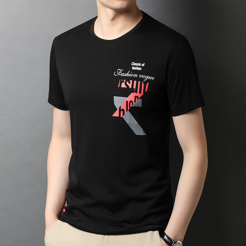 F2571钱塘2020-1桑蚕丝流行夏季男士圆领短袖基础T恤青春冰丝P52图片