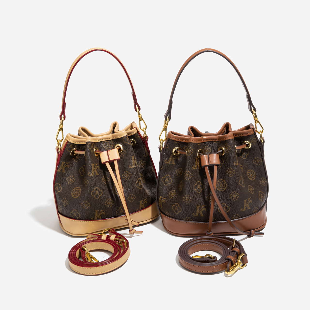 复古高级感水桶包单肩斜挎手提小包包女士春季新款抽绳印花百搭