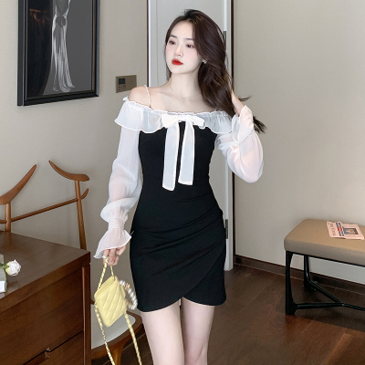实拍秋冬新款一字领拼接吊带修身包臀辣妹不规则短裙连衣裙