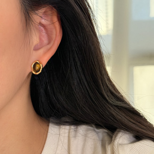 FLOAT浮漾秋冬时髦美拉德几何椭圆耳钉氛围感复古虎眼石耳环耳夹