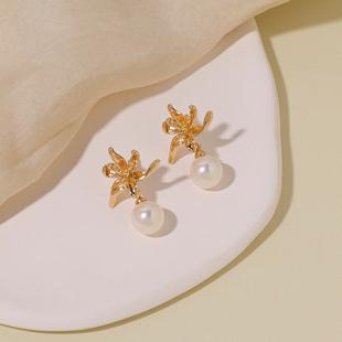 FLOAT浮漾复古鸢尾花珍珠吊坠耳环女中古风夸张金属花朵耳钉耳夹