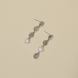 FLOAT浮漾不对称金属银色豆豆耳环女高级清冷感天然珍珠流苏耳夹