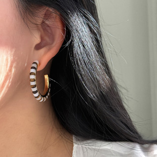 FLOAT浮漾条纹圆环耳环女小众港风气质虎眼石串珠复古港风大耳圈