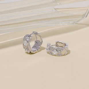 FLOAT浮漾菱格纹耳环女银色几何圆形高级感锆石耳钉通勤百搭耳扣