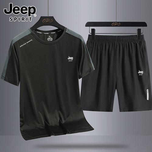 JEEP吉普短袖短裤冰丝速干套装男夏季两件套t恤搭配帅气休闲运动