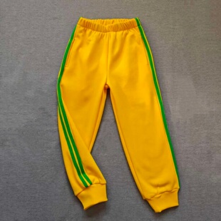 定做春秋冬男女校裤同款运动裤子黄色拼接两道绿杠加绒休闲裤子