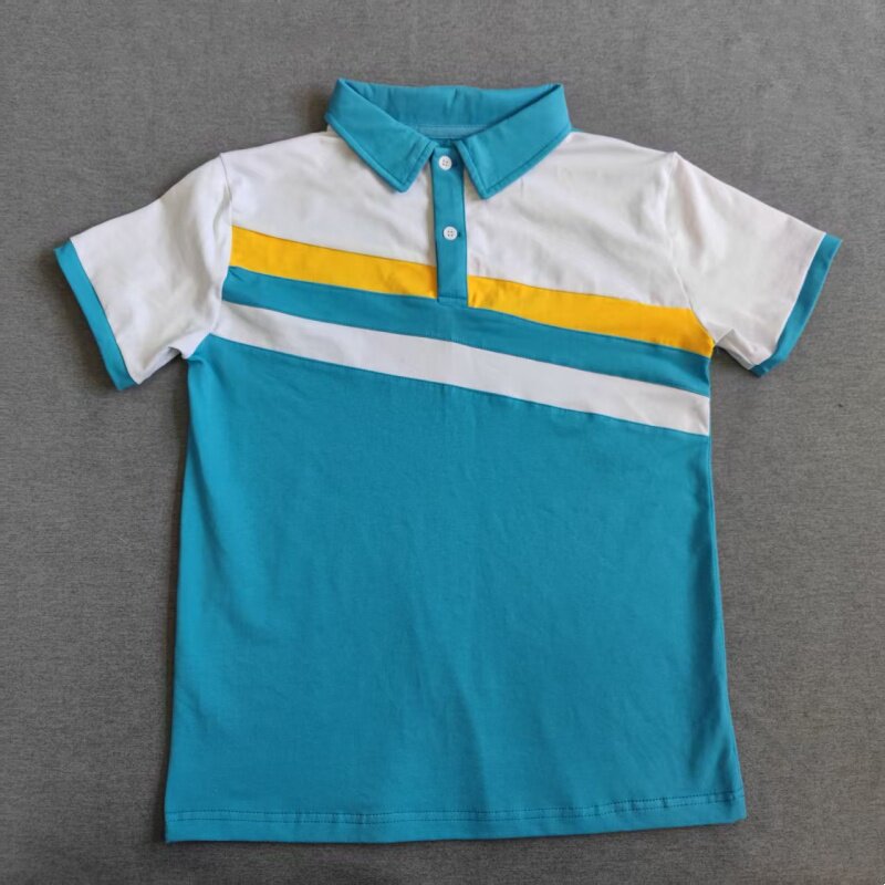 定做夏季男女校服同款运动半袖蓝色拼白黄条袖翻领休闲T恤POLO衫图片