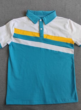 定做夏季男女校服同款运动半袖蓝色拼白黄条袖翻领休闲T恤POLO衫