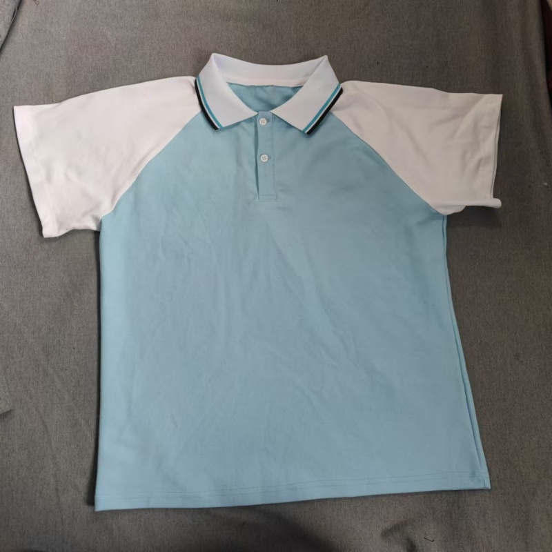 定做夏季男女校服同款运动上衣浅蓝色拼接白色短袖翻领T恤POLO衫