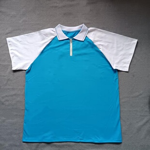定做夏季男女校服同款运动短袖蓝色拼接白色插件袖翻领POLO衫T恤
