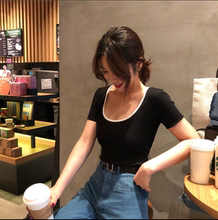 复古百搭撞色短袖女T恤2020夏季新款低领紧身打底衫大领口上衣衫