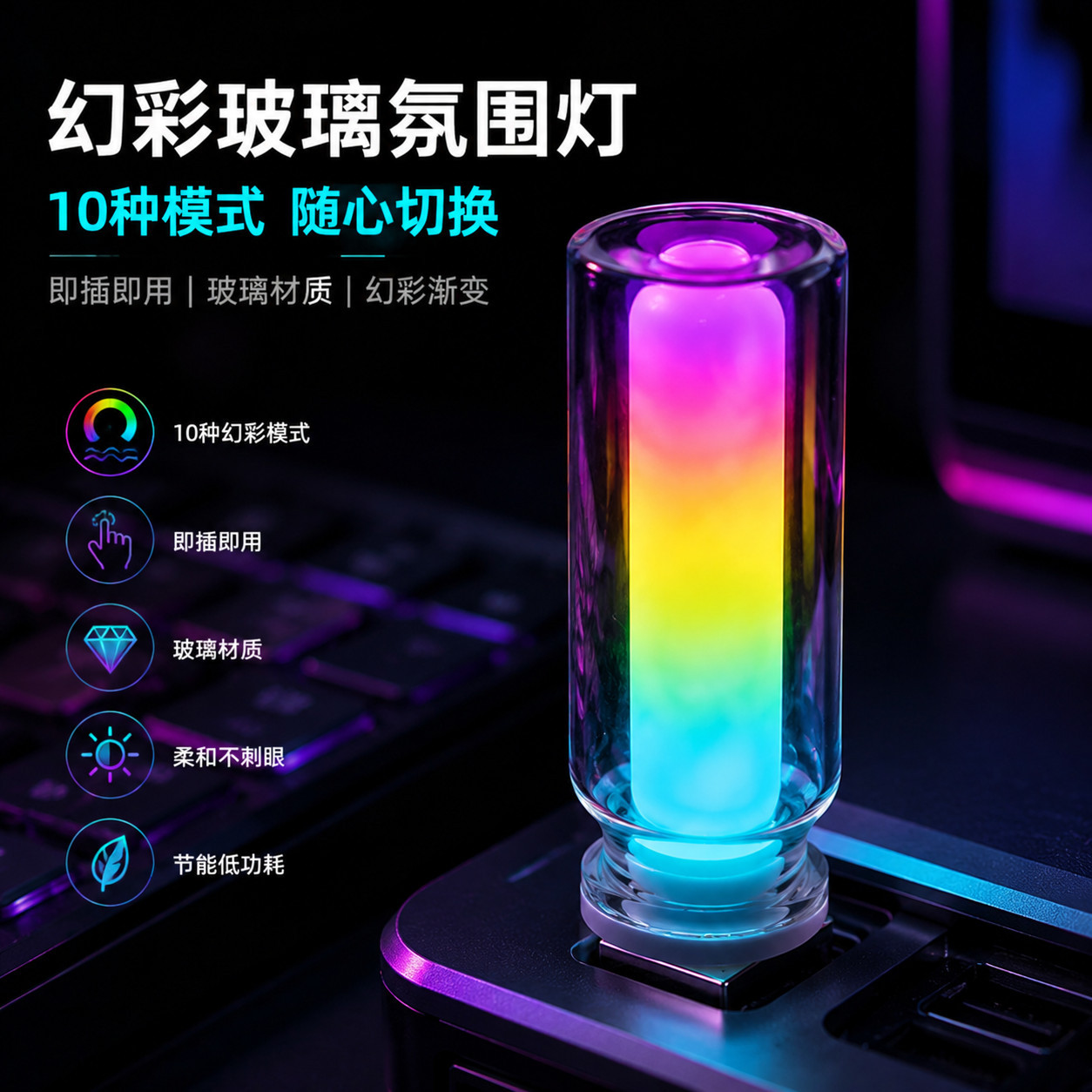幻彩玻璃氛围灯10模式随心换 LED七彩渐变照明电竞房卧室车载装饰