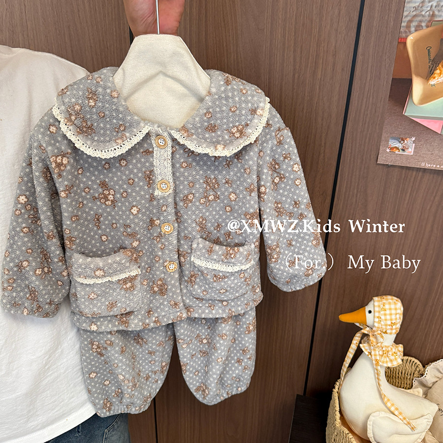 女童秋冬家居服套装2026新款双面绒加厚翻领公主睡衣裤两件套超软