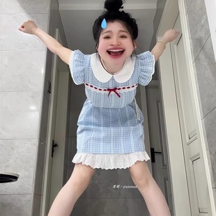 夏季 蓝色格子甜美睡裙女清纯可爱娃娃领公主风连衣裙女 新款 小飞袖