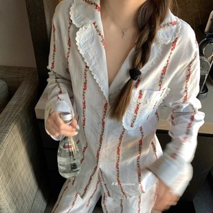 花边碎花条纹睡衣女款 甜美长袖 复古法式 春秋季 长裤 宽松家居服套装