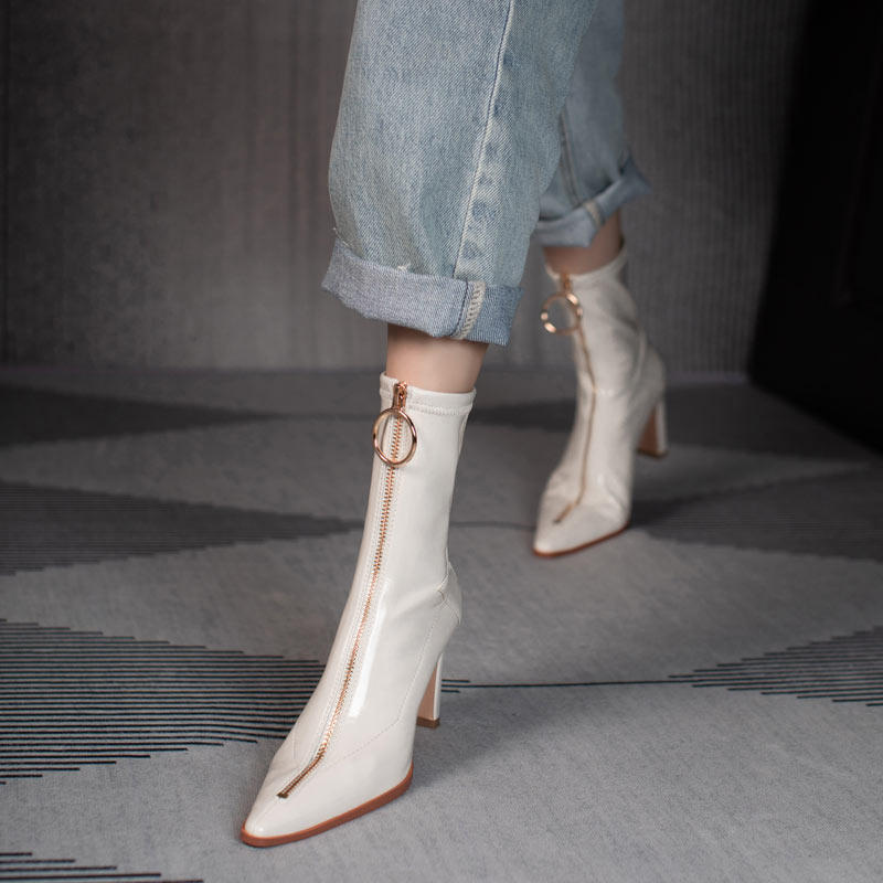 炸街~敲显瘦弹力靴~白色前拉链靴子漆皮短靴女秋冬裸靴瘦瘦时装靴,女鞋,弹力靴/袜靴,淘宝优惠券,粉丝福利购,淘宝优惠卷