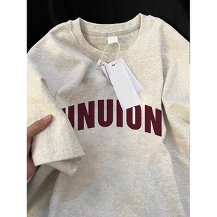 美式复古重磅印花字母白灰色短袖T恤男夏季宽松ins潮牌潮流上衣