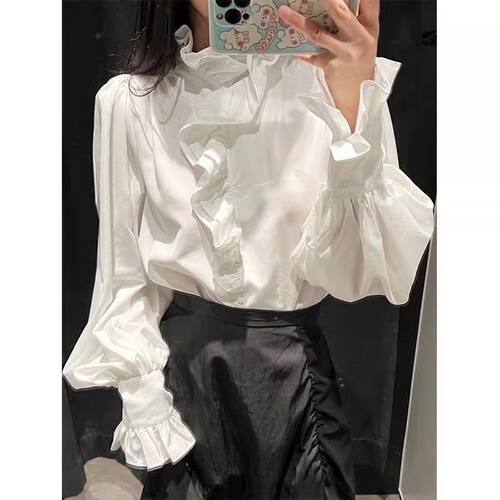 女装2025春季新款设计感小众法式复古荷叶边立领白色长袖衬衫上衣