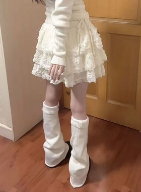 秋季甜美奶黄色半身裙女设计感小个子蕾丝边蛋糕裙高腰蓬蓬裙子潮