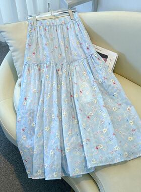 温柔夏季气质蓝色碎花半身裙高腰2025春夏新款蛋糕宽松显瘦长裙子
