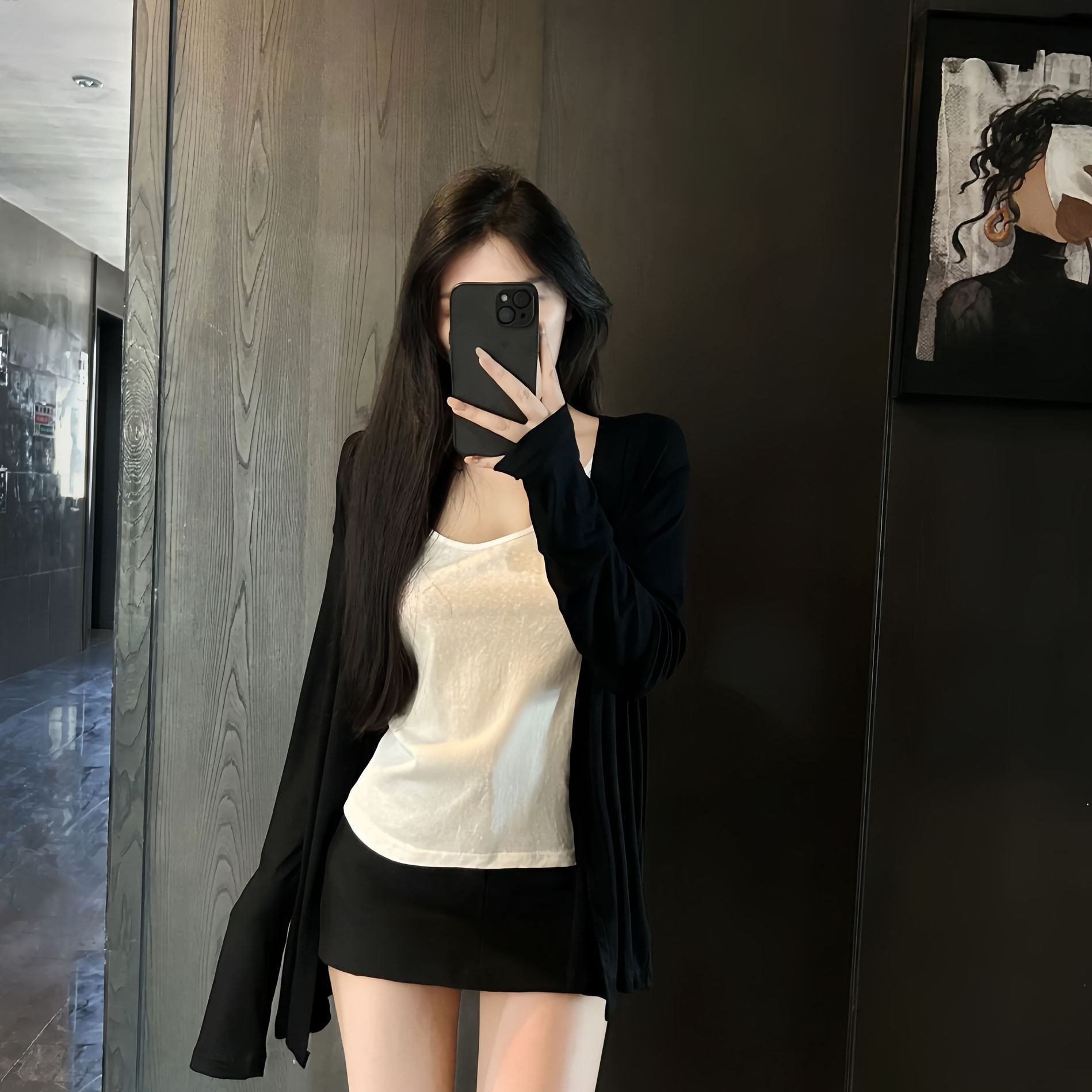 慵懒黑色长袖针织外套吊带背心女秋季休闲套装高腰直筒百搭两件套