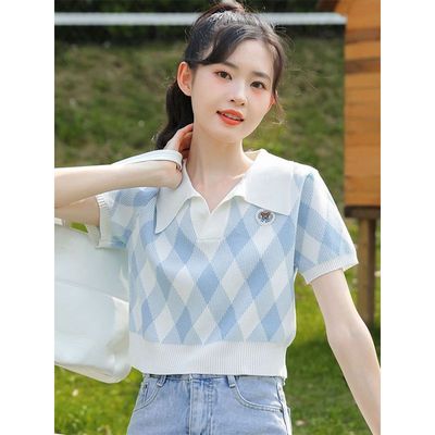 冰丝短袖针织衫T恤女2022夏季新款格子甜美学院风polo衫短款上衣