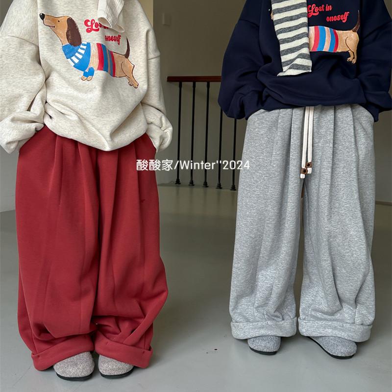 儿童纯色休闲阔腿裤长裤冬季新品韩系男女童加绒加厚系带卫裤百搭
