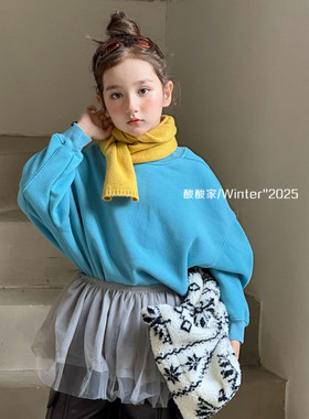 儿童设计款蓝色加绒卫衣冬季新品韩系女童休闲宽松造型感上衣洋气