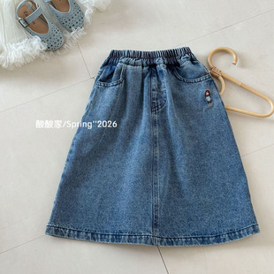 女童卡通刺绣百搭牛仔裙短裙春季新品韩系女宝宝休闲宽松半身裙子