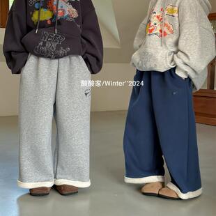 儿童韩版纯色拼毛毛加绒长裤冬季新品男女童休闲宽松阔腿裤子百搭